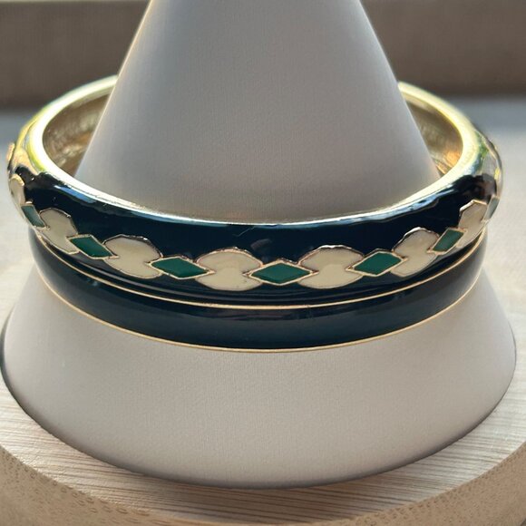 J Crew Enamel Bracelet Set of 2 Black Gold Green Geometric Diamond Design - Picture 10 of 12